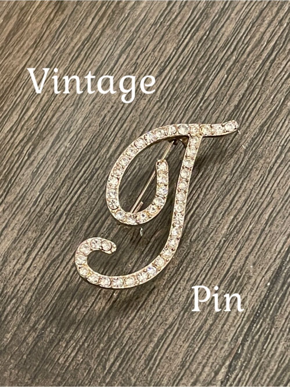 Vintage “T” Rhinestone Monogram Brooch - Pin Silver-tone